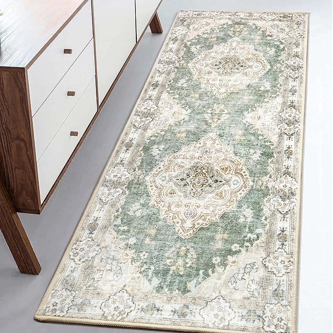 MUJOO Hallway Runner Rug - Machine Washable Non Slip Boho Green Runner for Hallways, Entryway, Kitchen, Bathroom, Bedside - Retro Soft Low-Pile 2'x6' Blossom.