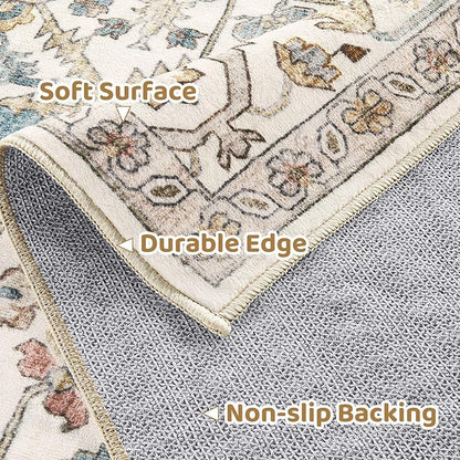 Area Rug for Living Room - 8x8 Soft Washable Oriental Vintage Floral Distressed Large Carpet - Fade Stain Resistant Non Slip Rugs for Bedroom Dining Room Nursery Dorm Office Home Decor - Blue/Beige