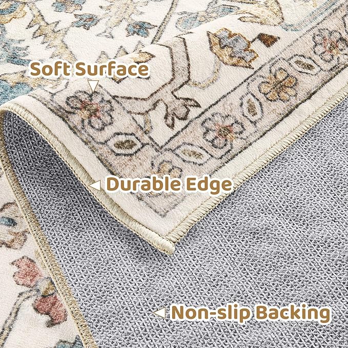Area Rug for Living Room - 5x5 Soft Washable Oriental Vintage Floral Distressed Large Carpet - Fade Stain Resistant Non Slip Rugs for Bedroom Dining Room Nursery Dorm Office Home Decor - Blue/Beige