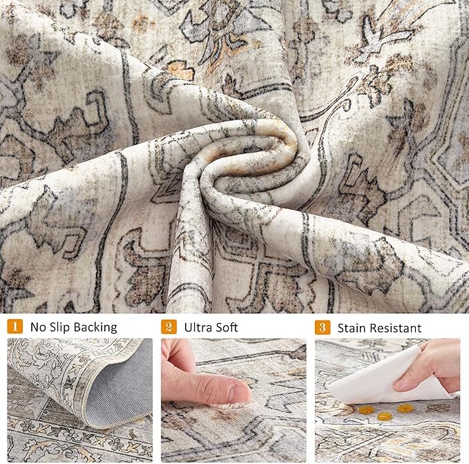 10x12 Washable Area Rugs for Living Room: Non Slip Vintage Brown Gray Rug, Large Soft Stain Resistant Indoor Floor Carpets for Bedroom Dining Room Nursery Home Office Kid & Pet Friendly