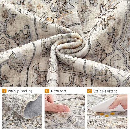 8x10 Washable Area Rugs for Living Room: Non Slip Vintage Brown Gray Rug, Large Soft Stain Resistant Indoor Floor Carpets for Bedroom Dining Room Nursery Home Office Kid & Pet Friendly