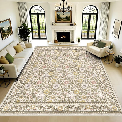 8x10 Area Rugs for Living Room, Floral Vintage Washable Large Soft Non-Slip Low Pile Carpet Indoor Floor Stain Resistant for Bedroom Dining Room, Beige/Multi