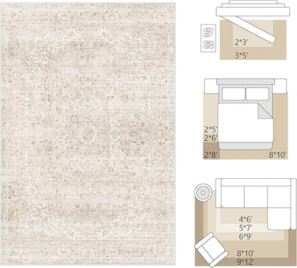 FMFUNCTEX 10x14 Washable Area Rug Neutral Beige Vintage Distressed Oriental Non Slip Low Pile Rug for Living Room Bedroom Cream Traditional Soft Thin Retro Indoor Carpet for Dining Room Office Dorm