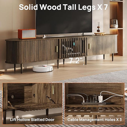 94.5" Fluted Mid Century Modern TV Stand for TVs Up to 80/85/86/90/98/100", Tambour Sliding Doors Entertainment Center with Storage&LED, Curved Media&TV Console Long TV Stands for Living Room, Walnut
