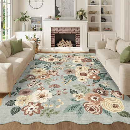 DUKINO 6x9 Area Rug, Floral Washable Rugs for Living Room with Non Slip Backing & Non-Shedding, Lightwight Low Pile Boho Design Large Carpets for Bedroom, Living Room, Dining Room, Sage Green
