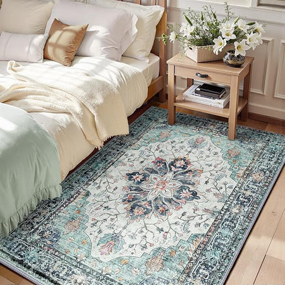RELEANY Area Rugs 6'x9' Washable Non-Slip, Floral Vintage Distress Print Pattern Medallion Carpet for Living Room Bedroom Dining Room, Green Navy Blue White Red Teal Colorful
