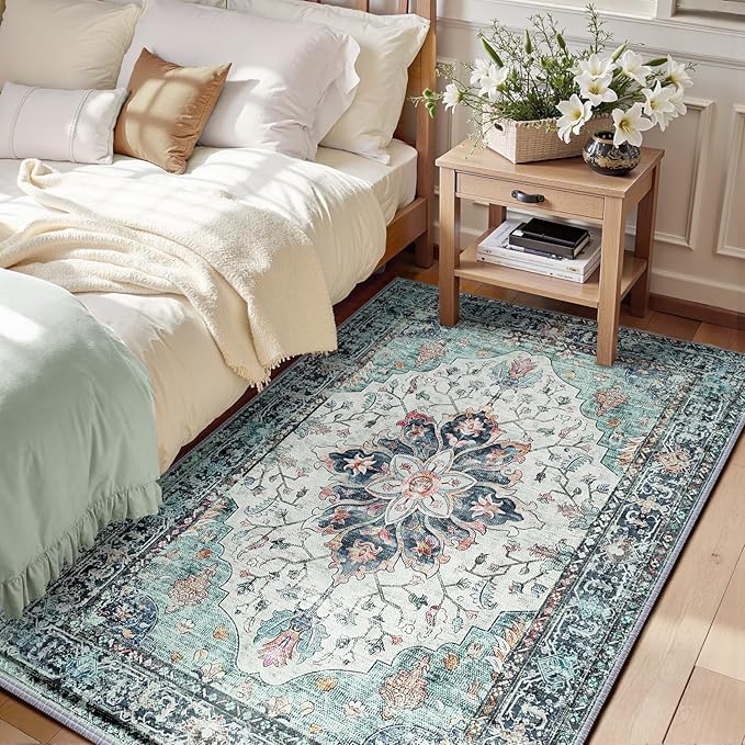 RELEANY Area Rugs 3'x4' Washable Non-Slip, Floral Vintage Distress Print Pattern Medallion Carpet for Living Room Bedroom Dining Room, Green Navy Blue White Red Teal Colorful