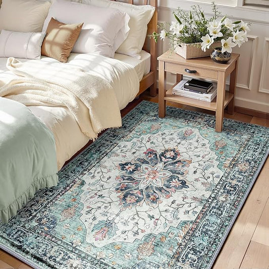 RELEANY Area Rugs 3'x4' Washable Non-Slip, Floral Vintage Distress Print Pattern Medallion Carpet for Living Room Bedroom Dining Room, Green Navy Blue White Red Teal Colorful