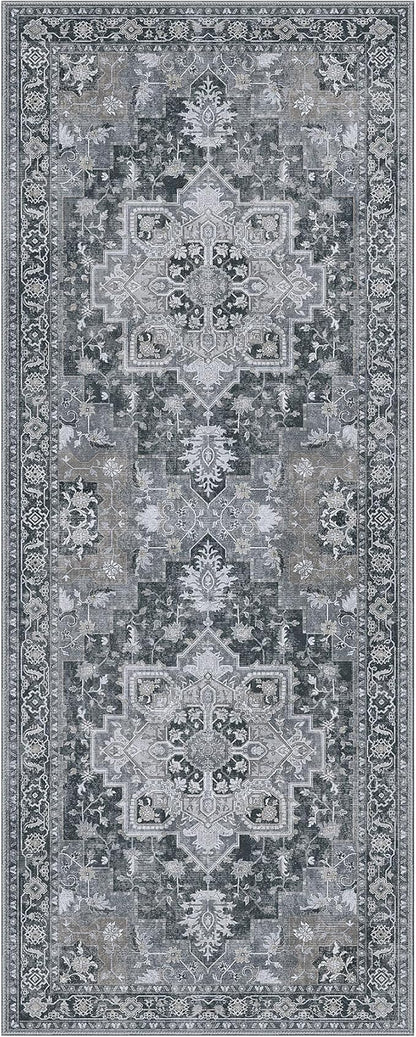 GENIMO 2'6''x8 Runner Rugs for Hallway, Machine Washable Non Slip Vintage Rugs, Low Pile Lightweight Soft Print Rug for enrtyway, Corridor, Home Office, Kitchen,Dark Gray