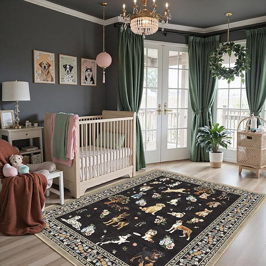 Area Rug 4x6 Black Dog Rug, Washable Rugs Non Slip Low Pile Floral Dog Small Carpet for Bedroom, Bedside, Kids Room, Office, Dining Room