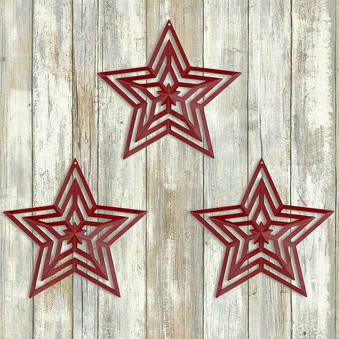 CVHOMEDECO. Primitives Rustic Antique Vintage Gifts Cut-Outs Metal Barn Star for Wall/Wreath/Door Decor, 8-Inch, Set of 3.(Red)