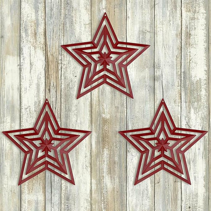 CVHOMEDECO. Primitives Rustic Antique Vintage Gifts Cut-Outs Metal Barn Star for Wall/Wreath/Door Decor, 8-Inch, Set of 3.(Red)