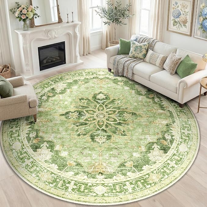 RELEANY Area Rugs Round 8ft Washable Non-Slip, Floral Vintage Distress Print Pattern Medallion Carpet for Living Room Bedroom Dining Room, Sage Green Yellow