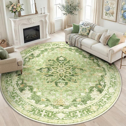 RELEANY Area Rugs Round 8ft Washable Non-Slip, Floral Vintage Distress Print Pattern Medallion Carpet for Living Room Bedroom Dining Room, Sage Green Yellow