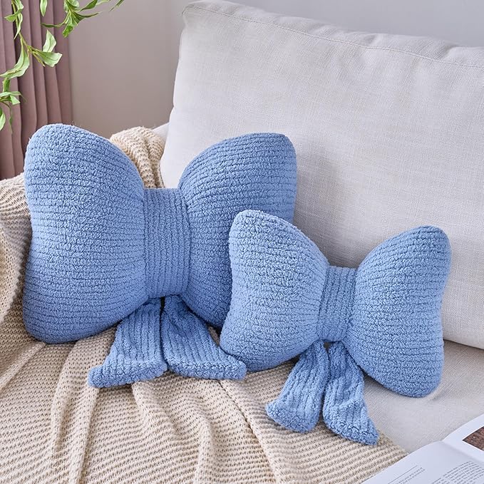 Bow Pillow, Decorative Throw Pillows with Soft Plush, Bow Throw Pillow for Couch Bed, Home Decor Bow Shaped Pillow for Bedroom Living Room (Blue, 12 Inches)