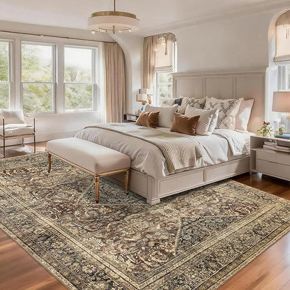 Brown 8x10 Area Rug: Vintage Washable Rugs for Living Room Dining Room Office Bedroom Indoor - Soft Non-Slip Large Carpet Home Decor - Oriental Dark Brown
