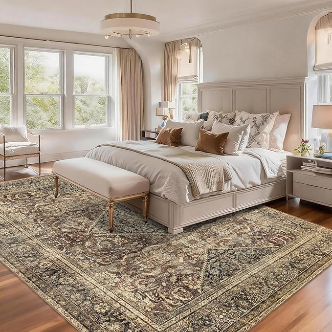Washable 10x14 Area Rug: Vintage Brown Rugs for Living Room Bedroom Dining Room Office Indoor - Soft Non-Slip Large Carpet Home Decor - Oriental Dark Brown