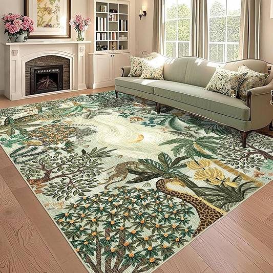 GarveeHome 6x9 Area Rug Jungle Green Washable Rugs for Living Room Bedroom, Soft Low Pile Non Slip Accent Floor Mat Animal Print Tiger Throw Rug Indoor Carpet Dining Room Playroom