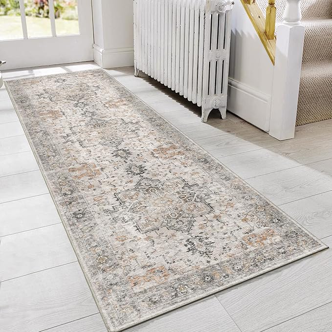 GENIMO Runner Rug 3x8, Non Slip Vintage Hallway Runner Rugs, Low Pile Lightweight Machine Washable Mat for Hallway, Entryway, Bedroom, Kitchen and Corridor, Light Taupe Brown