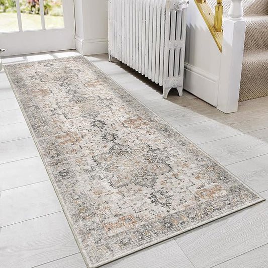 GENIMO Runner Rug 2'6"x5 Machine Washable Non Slip Vintage Hallway Runner Rug, Low Pile Lightweight Rugs for Indoor Entryway, Hallway, Kitchen and Corridor, Light Taupe Brown