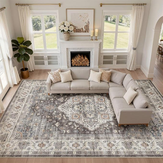 10x14 Area Rugs Living Room: Washable Boho Large Neutral Vintage Soft Rug Stain Resistant Farmhouse Non-Slip Indoor Floor Carpet for Bedroom Nursery Kids Office Dining Room Playroom- Grey Brown