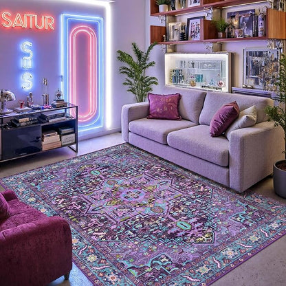 Kokia 4x6 Washable Area Rugs Violet Purple with Vintage Orient Design, Soft Rug for Living Room or Bedroom, Non-Slip Low Pile Stain Resistance Features, Distressed Medallion Pattern