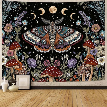 Neasow Hippie Witchy Moth Tapestry, Moon Mushroom Aesthetic Floral Wall Art, Mystic Moon Phase Decor for Living Room Bedroom Home, 60x80 inches