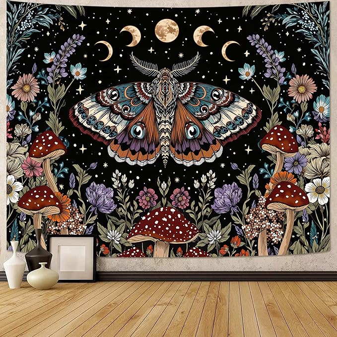 Neasow Hippie Witchy Moth Tapestry, Moon Mushroom Aesthetic Floral Wall Art, Mystic Moon Phase Decor for Living Room Bedroom Home, 44x60 inches