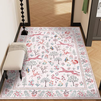 DUKINO 3x5 Rug, Washable Animal Area Rug with Non Slip Vintage Design, Indoor Soft Low Pile Carpet for Bedroom, Nursery, Dining Room, Farmhouse, Playroom, Pink
