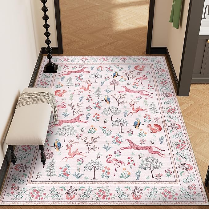 DUKINO 4x6 Rug, Washable Animal Area Rug with Non Slip Vintage Design, Indoor Soft Low Pile Carpet for Bedroom, Nursery, Dining Room, Farmhouse, Playroom, Pink