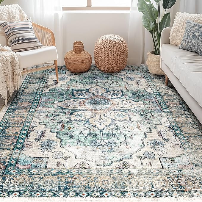 BESTSWEETIE 3x5 Area Rug Washable Rugs for Living Room, No Pile Boho Carpet for Entryway Bedroom Dinning Room, Vintage Carpet Print Distressed Non-Slip, 3 x 5 ft, Green