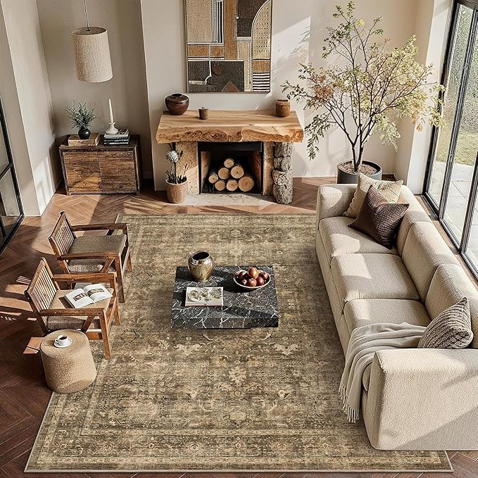 9x12 Brown Washable Area Rugs for Living Room Non Slip Low Pile Vintage Boho Throw Rug Soft Retro Distressed Floral Large Carpet Indoor Farmhouse Decor for Bedroom Dining Room Office Kitchen Playroom