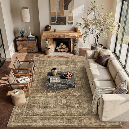 9x12 Brown Washable Area Rugs for Living Room Non Slip Low Pile Vintage Boho Throw Rug Soft Retro Distressed Floral Large Carpet Indoor Farmhouse Decor for Bedroom Dining Room Office Kitchen Playroom