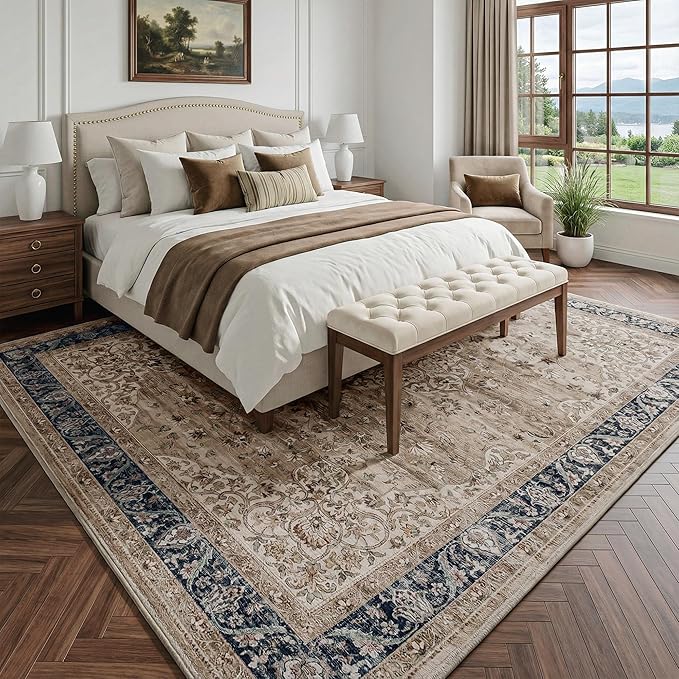 FMFUNCTEX 6x9 Brown Washable Area Rug Vintage Distressed Oriental Non Slip Low Pile Neutral Indoor Carpet for Living Room Bedroom Soft Retro Floral Thin Large Rug for Dining Nursery Office Dorm