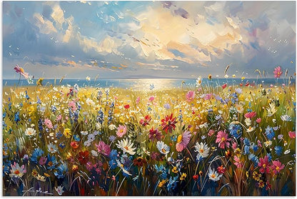 TutuBeer 1 Pcs Wildflower Field Artwork Rustic Wildflower Field at Beach Vintage Wall Art Canvas Prints Wild Flower Wall Art Rustic Style Kitchen Office Farmhouse Bathroom Decor 24x36inch