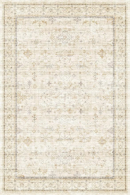 Hazo Haus Washable Ivory Beige Living Room Rug, 8x12 Non Slip Area Rugs for Bedroom, Dining Room Under Table, Low Pile Neutral Farmhouse Vintage Foldable Décor