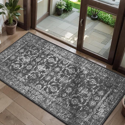 2x4 Black Runner Rug Hallway Washable Area Rugs Kitchen Vintage Boho Non Slip Long Rug Floral Carpet Indoor Retro Soft Low Pile Throw Rug for Bedroom Bathroom Laundry Dining Living Room Office