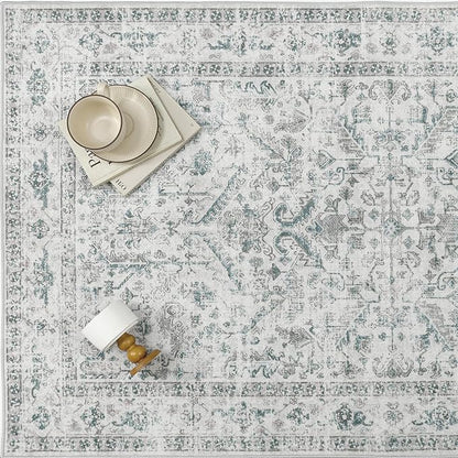 PureCozy Blue 6x9 Area Rug Vintage Washable Living Room Carpet Non Slip Bedroom Indoor Office Low Pile Large Traditional Distressed Retro Accent Rug for Dining Room Bathroom Kitchen
