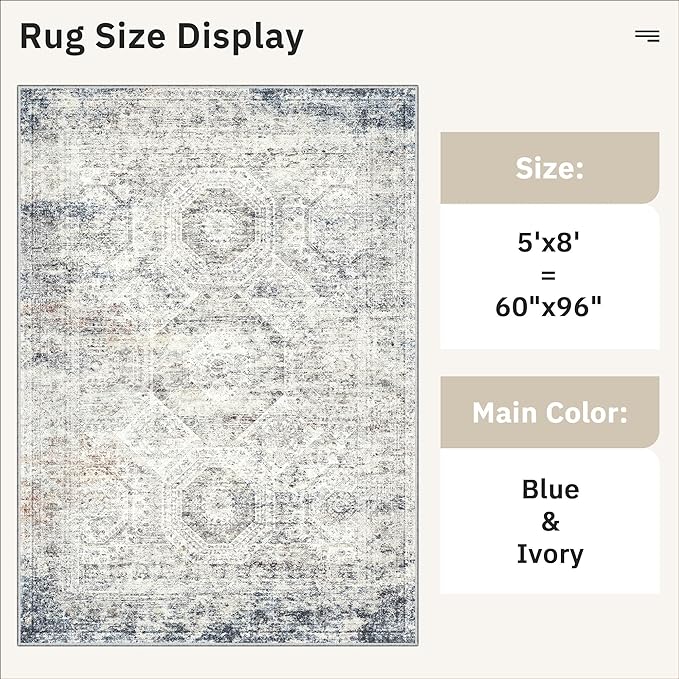 Soalmost 5x8 Area Rugs Blue Ivory Low Pile Indoor Washable Trendy Faded Style Rugs for Bedroom Living Room Dining Room Foldable Non-Slip Thin Print Home Office Mat
