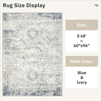 Soalmost 5x8 Area Rugs Blue Ivory Low Pile Indoor Washable Trendy Faded Style Rugs for Bedroom Living Room Dining Room Foldable Non-Slip Thin Print Home Office Mat