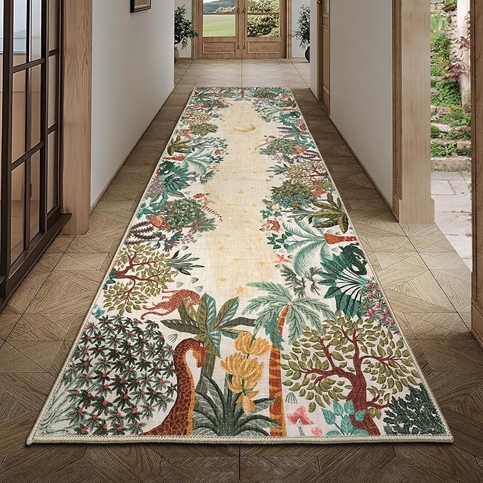 GarveeHome 2.5x8 Jungle Hallway Runner Rug, Soft Beige Animal Long Kitchen Runner Non Slip Entryway Rug Farmhouse Thin Laundry Mat Stain Resistant Carpet for Bathroom Beside