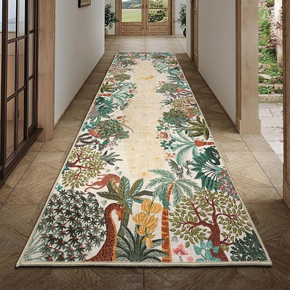 GarveeHome 2.5x8 Jungle Hallway Runner Rug, Soft Beige Animal Long Kitchen Runner Non Slip Entryway Rug Farmhouse Thin Laundry Mat Stain Resistant Carpet for Bathroom Beside