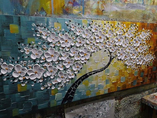 YaSheng Art - Large Canvas Wall Art ,100% Hand Painted Floral Wall Art Oil Painting , 3D Texture White Flower Artwork Paintings, Modern Home Bedroom Living Room Wall Decor ,Abstract Art Painting, Framed Wall Art Pictures 24x60inch