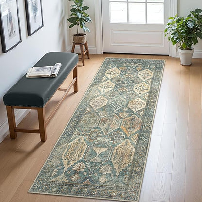 Bavni Washable Rug 8x10 Area Rug for Living Room Bedroom Dining, Washable Vintage Print Carpet, Ultra-Thin Low Pile Lightweight Rug with Non Slip Backing, Teal