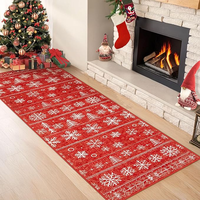 Christmas Area Rug 2x6 Runner Rugs: Washable Xmas Holiday Decor Hallway Rug Snowflake Low Pile Boho Rugs Long Indoor Floor Carpet for Kitchen Bedroom Dining Room(Xmas Red, 2'x6')