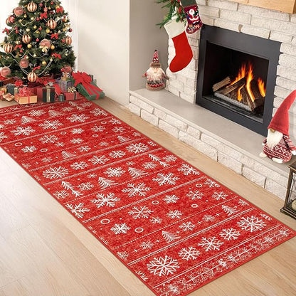 Christmas Area Rug 2x6 Runner Rugs: Washable Xmas Holiday Decor Hallway Rug Snowflake Low Pile Boho Rugs Long Indoor Floor Carpet for Kitchen Bedroom Dining Room(Xmas Red, 2'x6')