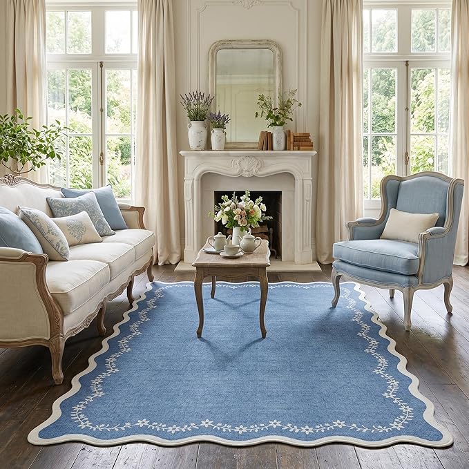 GarveeHome 5x7 Scalloped Area Rug Navy Blue Washable Rugs for Living Room Bedroom, Soft Low Pile Non Slip Accent Floor Mat Solid Floral Print Throw Rug Indoor Carpet for Dorm Playroom