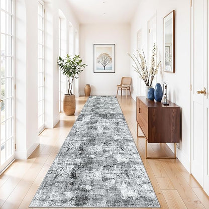 3x12 ft Long Hallway Runner Rug - Non-Slip Washable Kitchen Rug with Rubber Backing,Modern Abstract Neutral Thin Low Pile Floor Carpet Runner for Entryway,Bedroom,Living Room（Grey）
