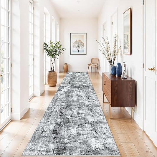 3x15 Ft Long Hallway Runner Rug - Non-Slip Washable Kitchen Runner Rug with Rubber Backing | Modern Abstract Wide Floor Carpet Runner for Indoor Entryway, Bedroom, Living Room（Grey）
