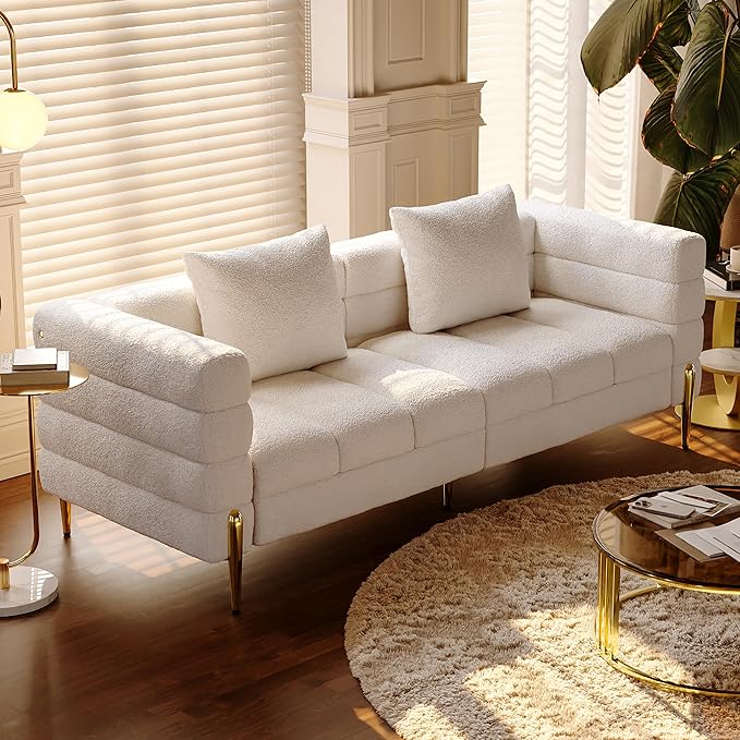 homary 79" Modern Boucle Sofa Couch, White Curved 3 Seater Couch with Deep Seat & Pillows, Upholstered Luxury Sofa for Living Room Apartment